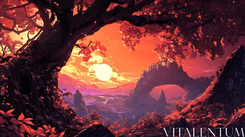 Crimson valley sunset under ancient tree and stone arch