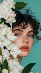 Soft-focus portrait integrates floral foreground and teal backdrop