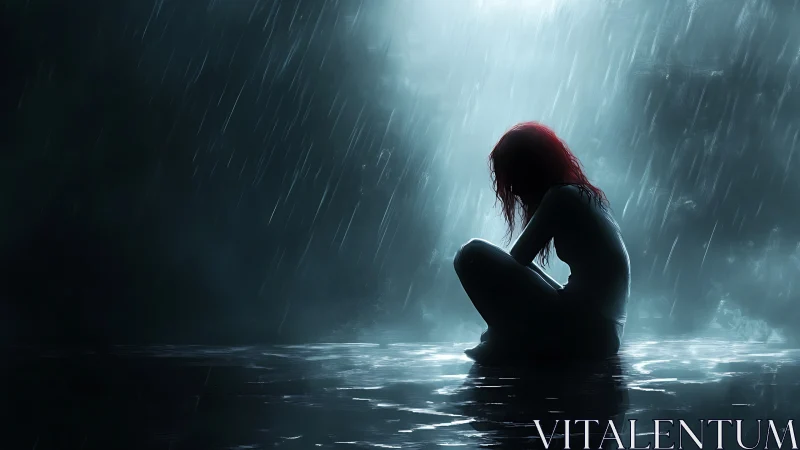 Rain-soaked silhouette curls into midnight&rsquo;s quiet sorrow.