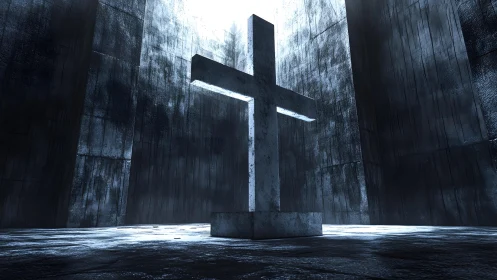 Large stone cross in dramatic modern chamber with moody lighting.