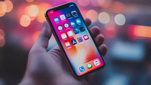 Smartphone display with application icons held in hand against bokeh background