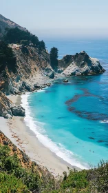 Sunlit turquoise cove curves gently beneath rugged cliffs