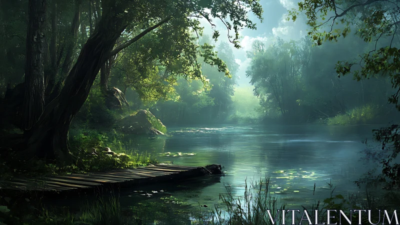 Tranquil Forest River: Ancient Trees Frame Emerald Waters.