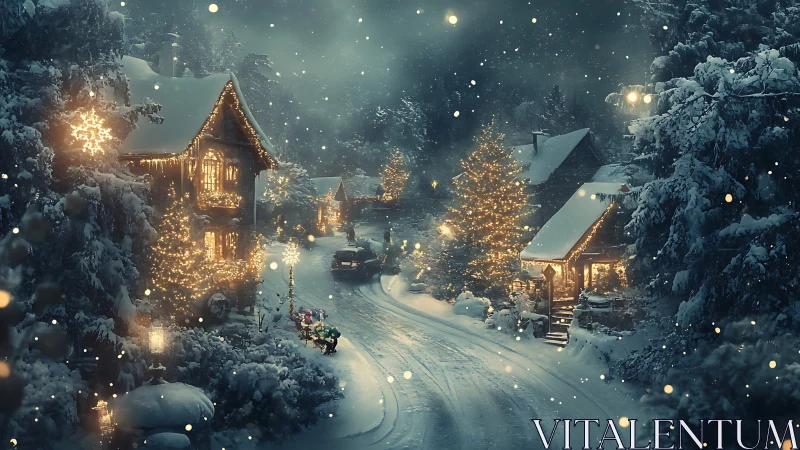 Luminous alpine village street under dynamic snowfall rendering.