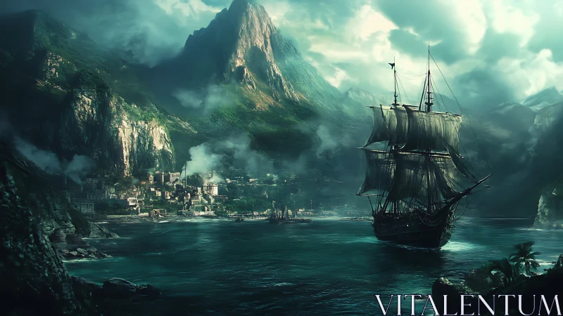 Galleon entering misty mountain harbor under dramatic storm light