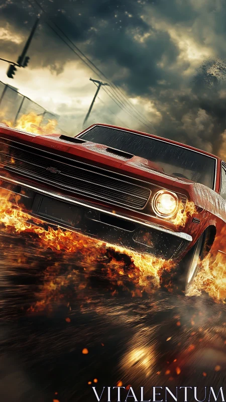 Red muscle car moves through stylized flames on wet roadway
