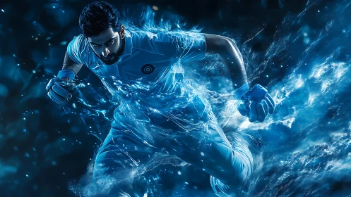 Cricket player sprints through blue energy in dramatic motion