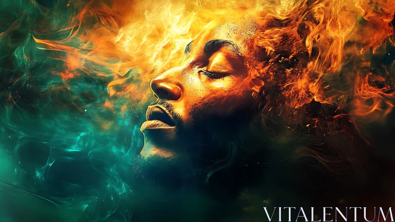 Profile portrait with fire and water elements.