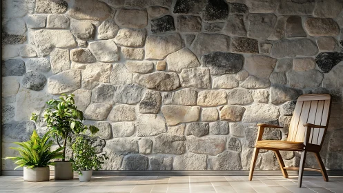 Wooden chair and potted plants against rustic stone wall.