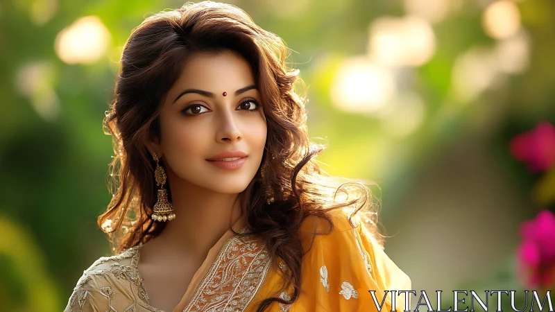 Soft-focus portrait of woman in embroidered sari with warm bokeh lighting