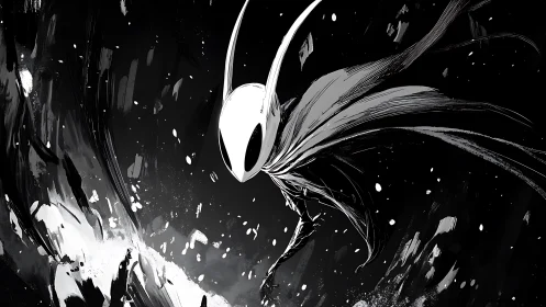 Masked insectoid warrior leaps through swirling darkness.