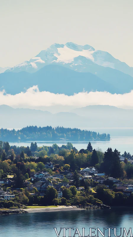 Photorealistic coastal townscape under layered alpine massif.