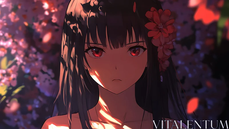 Girl with red eyes stands in dappled light before blossoms