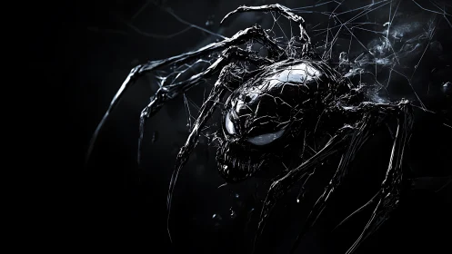 Sinister metallic spider creeps through a dark tangled web