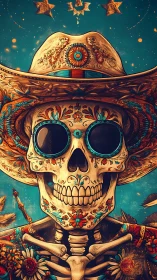 Skull in ornate sombrero stares forward with floral detail