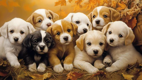 Group of eight digital puppies posed among autumn leaves