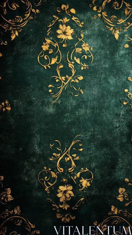 Emerald patina wallpaper with antique golden floral scrolls.