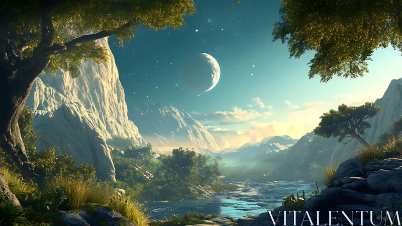 Alien river valley under crescent moon and glowing sky.