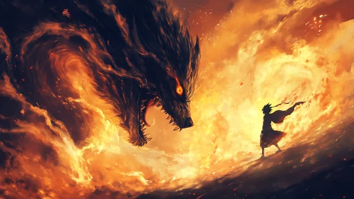 Fiery warrior confronts colossal flame-forged dragon spirit.