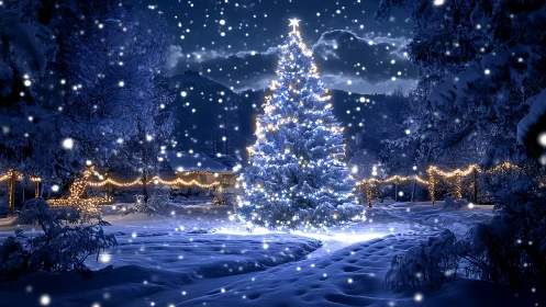 Snowy night scene with glowing outdoor Christmas tree.