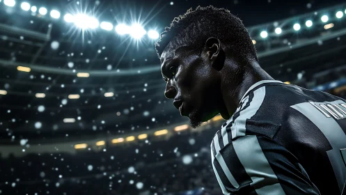 Focused football player under stadium lights in snowfall.