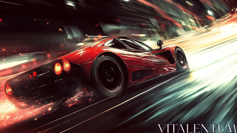 Crimson supercar racing through a glowing neon city night.