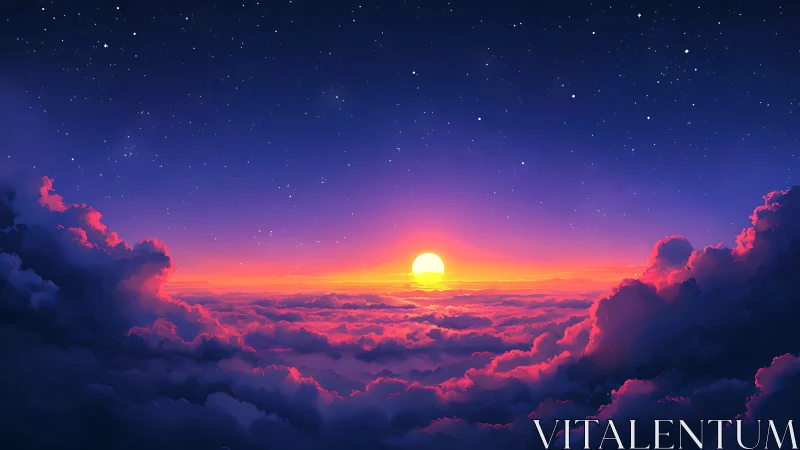 Sunset renders above stratiform clouds beneath star field