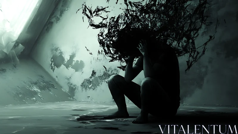 Psychic turbulence rendered as fracturing particulate shadows.