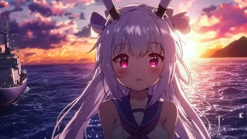Silver-haired anime girl watches radiant ocean sunset.