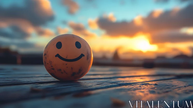 Smiley face ball rests on wooden pier at vibrant sunset.