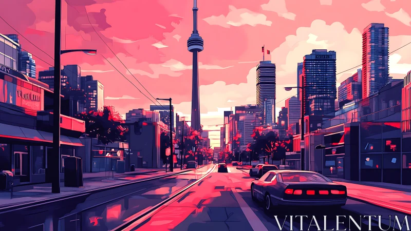 Digital painting of neon urban boulevard at sunset perspective.