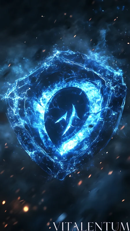 Glowing blue shield emblem formed from energy particles.