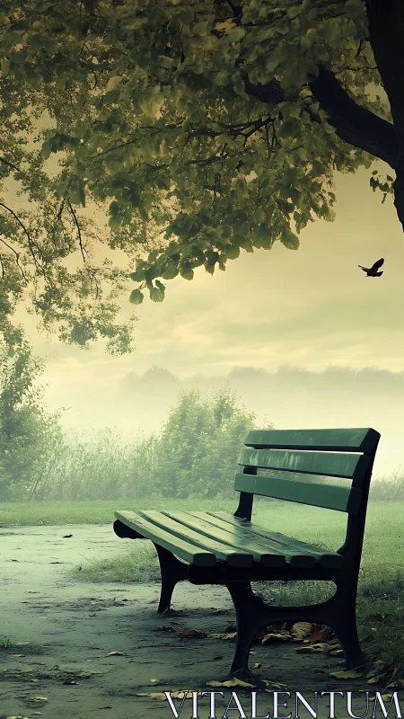 Quiet park bench wrapped in soft morning mist and leaves.