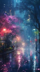 Neon rain transforms a quiet city street into dreamlike glow.