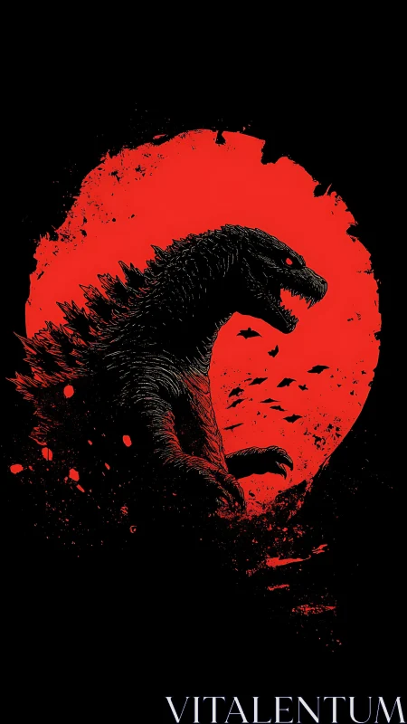 Roaring kaiju silhouette framed by a blazing red moon.