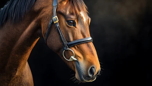 Horse head close-up shows bridle detail and fine coat texture