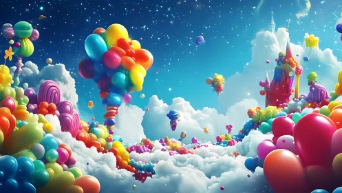 Dreamy balloon kingdoms drifting across candy clouds.
