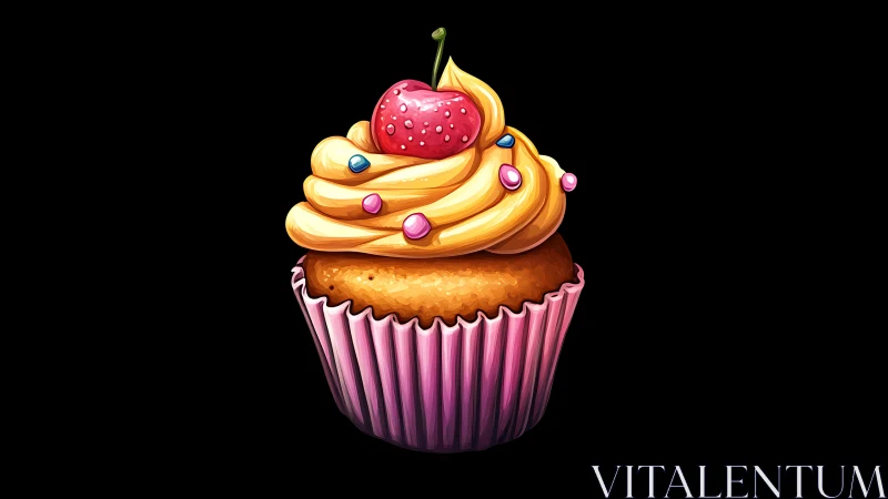 Whimsical Fruit-Topped Cupcake with Golden Frosting.