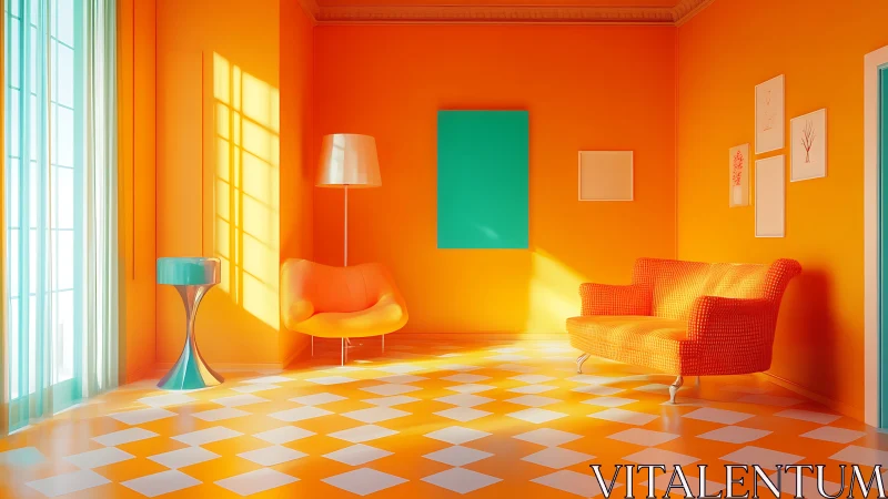 Digital interior rendering with bold orange monochrome scheme.