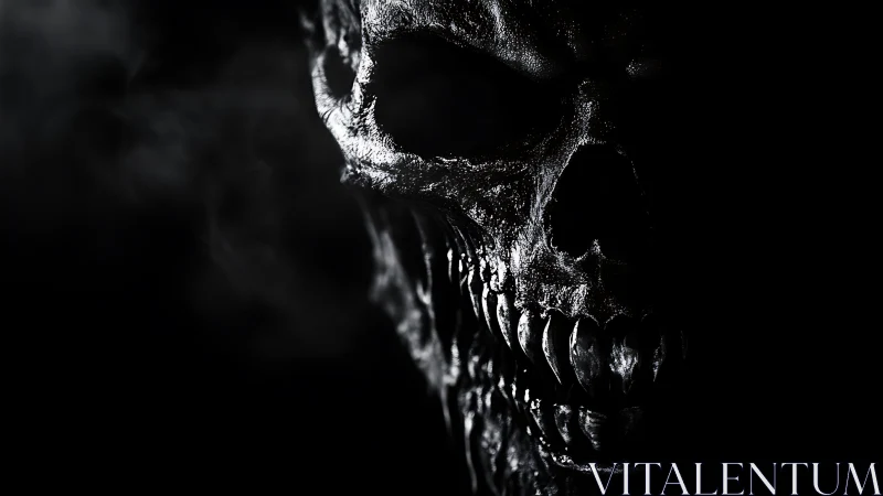 Burnished skeletal horror emerges from dense shadow.