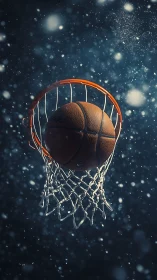 Basketball drops through hoop under dramatic backlit snow