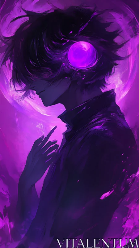 Profile silhouette with violet energy halo and headset orb.