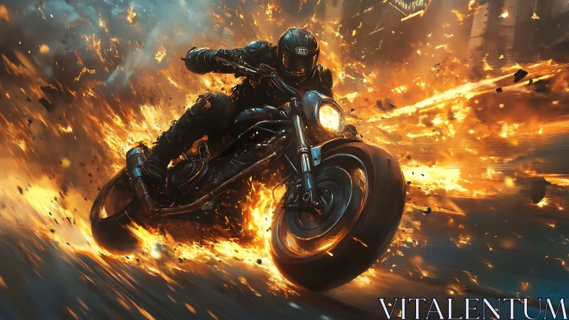 Motorcyclist cornering through explosive firestorm, dynamic motion