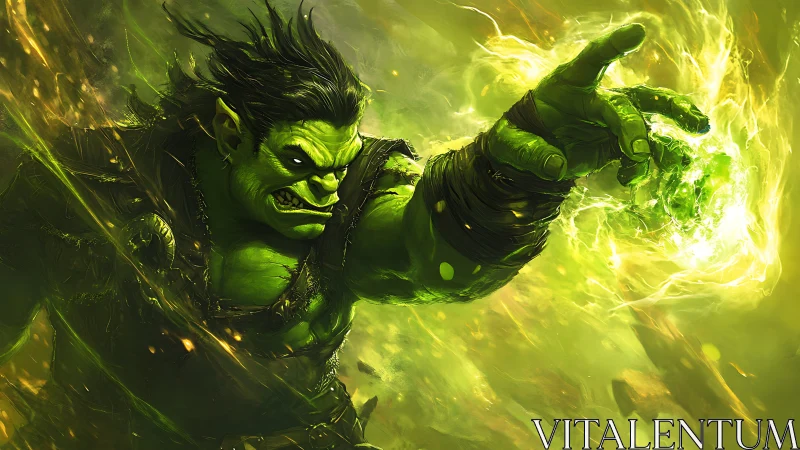 Aggressive green orc channels high-energy arcane plasma discharge