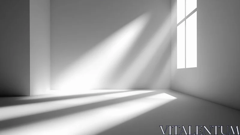 Minimal white interior with sharp sunlight through window.