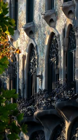 Organic balconies and windows glow in late afternoon light.