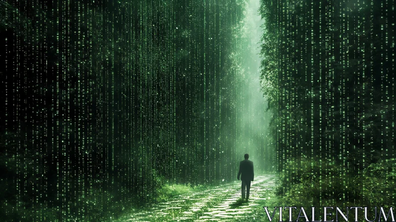 Solitary figure walks digital forest path in cascading code veil
