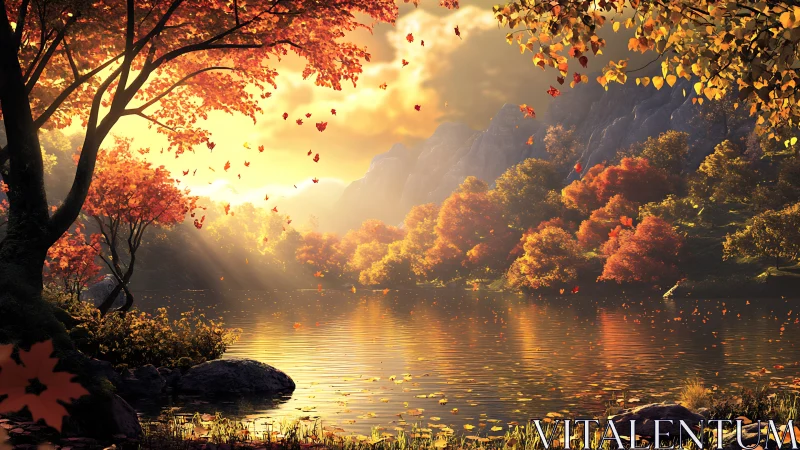 Golden autumn sunlight pours gently across a quiet lake