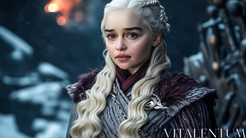Digital fantasy portrait renders silver-haired queen in winter armor