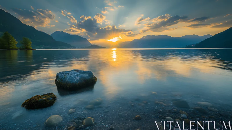 Sunset light reflects across calm mountain lake surface
